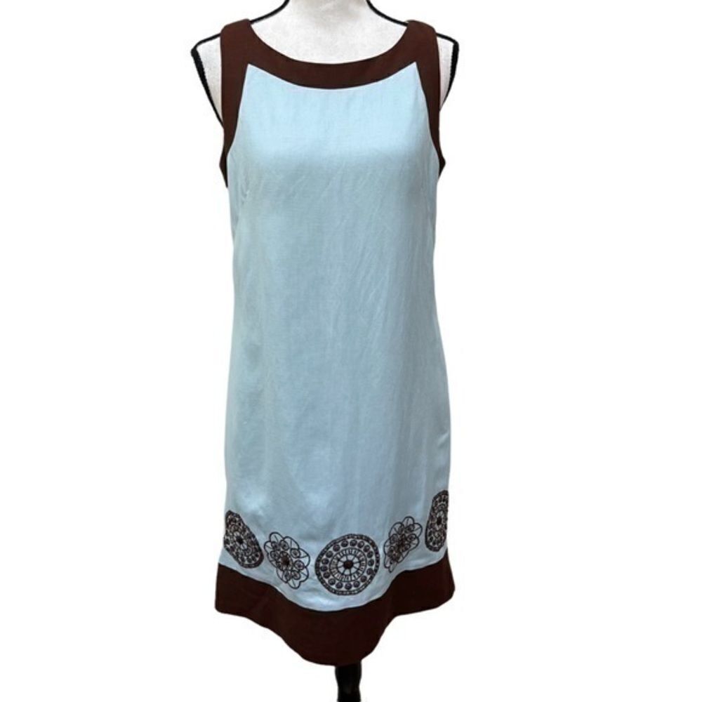 Willow Glenn Dress linen Blend knee sheath shift sleeveless bead aqua brown 8P.